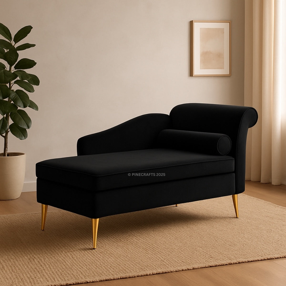 Black chaise lounge with gold legs in a room with a plant and framed picture on the wall.